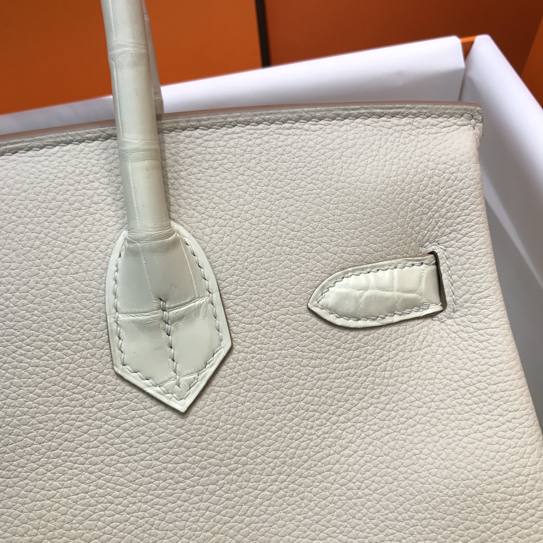 Hermes Touch Birkin 30CM Handbag In White Clemence and Matte Alligator Crocodile Skin